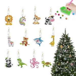 12-piece diamond painting set, keychain, Diy Acrylic Keychain, animal series pattern, acrylic inlaid with crystal gemstone decorations, suitable for family pendants, party supplies, gifts
