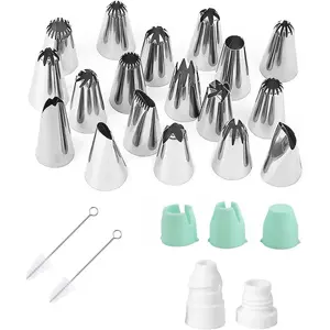 18 count Large Piping Tips and Couplers Set for Piping Bgs, Stainless Steel Cake Decorating Piping Tips for Cupcake Puff Cookie - 2 count Cleaning Brush