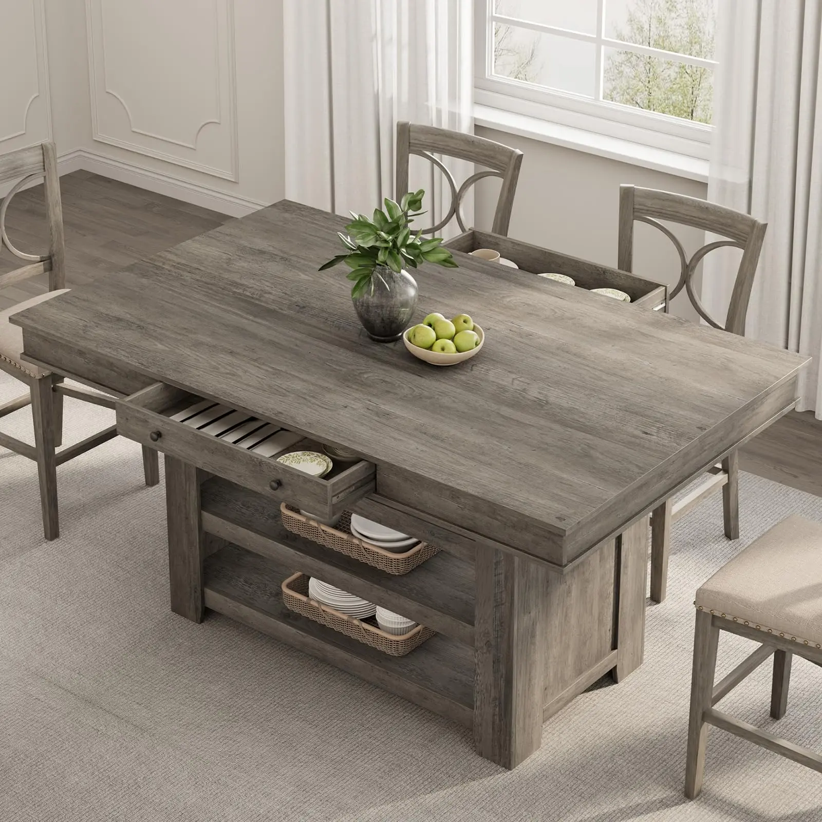 Garvee 60" Counter Height Dining Table for 4, Farmhouse Large Rectangular Kitchen Table & Thick Table Top, Bar Height Dining Room Table With Deepened Wine Rack & Shelves for Kitchen, Bar, Retro Gray