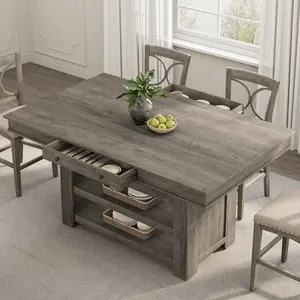 Garvee 60" Counter Height Dining Table for 4, Farmhouse Large Rectangular Kitchen Table & Thick Table Top, Bar Height Dining Room Table With Deepened Wine Rack & Shelves for Kitchen, Bar, Retro Gray