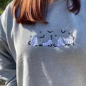 Embroidered Halloween Spooky Cat Ghost Sweatshirt