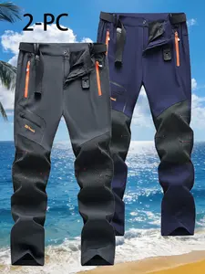 Men's Outdoor Fleece Pants, Sports Pants, Soft Shell Colorblock Waterproof Windproof, Knee Reinforced, Multiple Zip Pockets, Belt Included, Hiking Skiing Riding Fishing