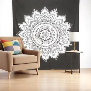 HomeRoots 397415 92 x 84 in. Black & White Mandala Cotton Hanging Tapestry