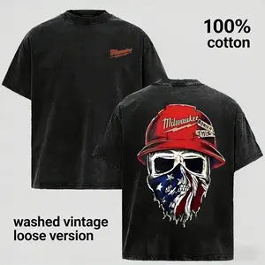Vintage Washed 100% Cotton Skull Hard Hat Graphic T-Shirt for Men Women, American Flag Mask Worker Print Tee, Industrial Construction Style Unisex Shirt, Oversized Loose Fit Crewneck, Casual Streetwear Tough Guy Top