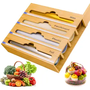 Bamboo 4-in-1 Aluminum Foil Organizer & Plastic Wrap Dispenser with Cutter, Holds 11" Rolls of Parchment Wax Paper Saran Wrap Tin Foil for Kitchen Drawer Countertop Pantry