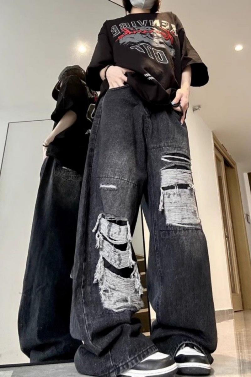 High-Rise Ripped Straight Leg Jeans Loose Fit Distressed Denim with Embroidery Detail Mid-Stretch Fabric Button Hole at Waist Machine Washable Casual Streetwear for Teens Trendy Outfit Pants Streetstyle Attire Basic Black
