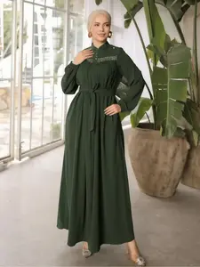 Fashionable Women's Stand Collar Zipper Beaded Casual Loose Belted Long Robe Traditional Arabic Dress, All Seasons, Plain Style, Maxidresses