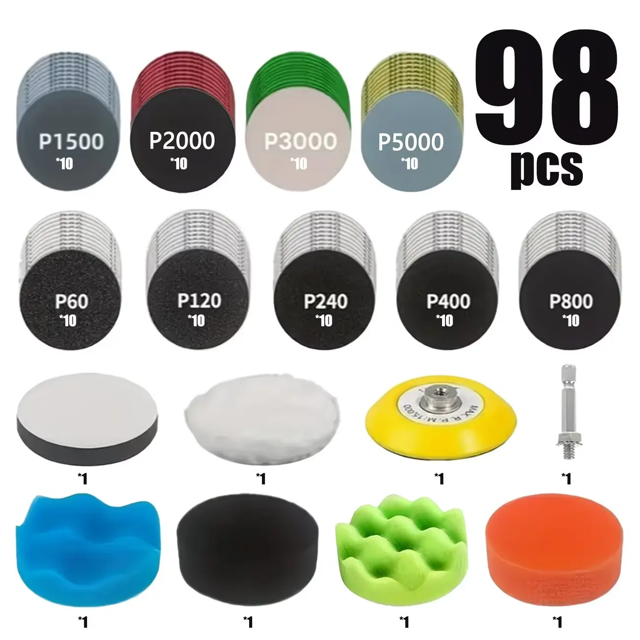 98-Piece Heavy-Duty Dry/wet Sanding Polishing Kit, Includes Alumina/zirconia Abrasives, Abrasive Discs, Suitable for Automotive, Glass, Rotary Tools and Bench Drills