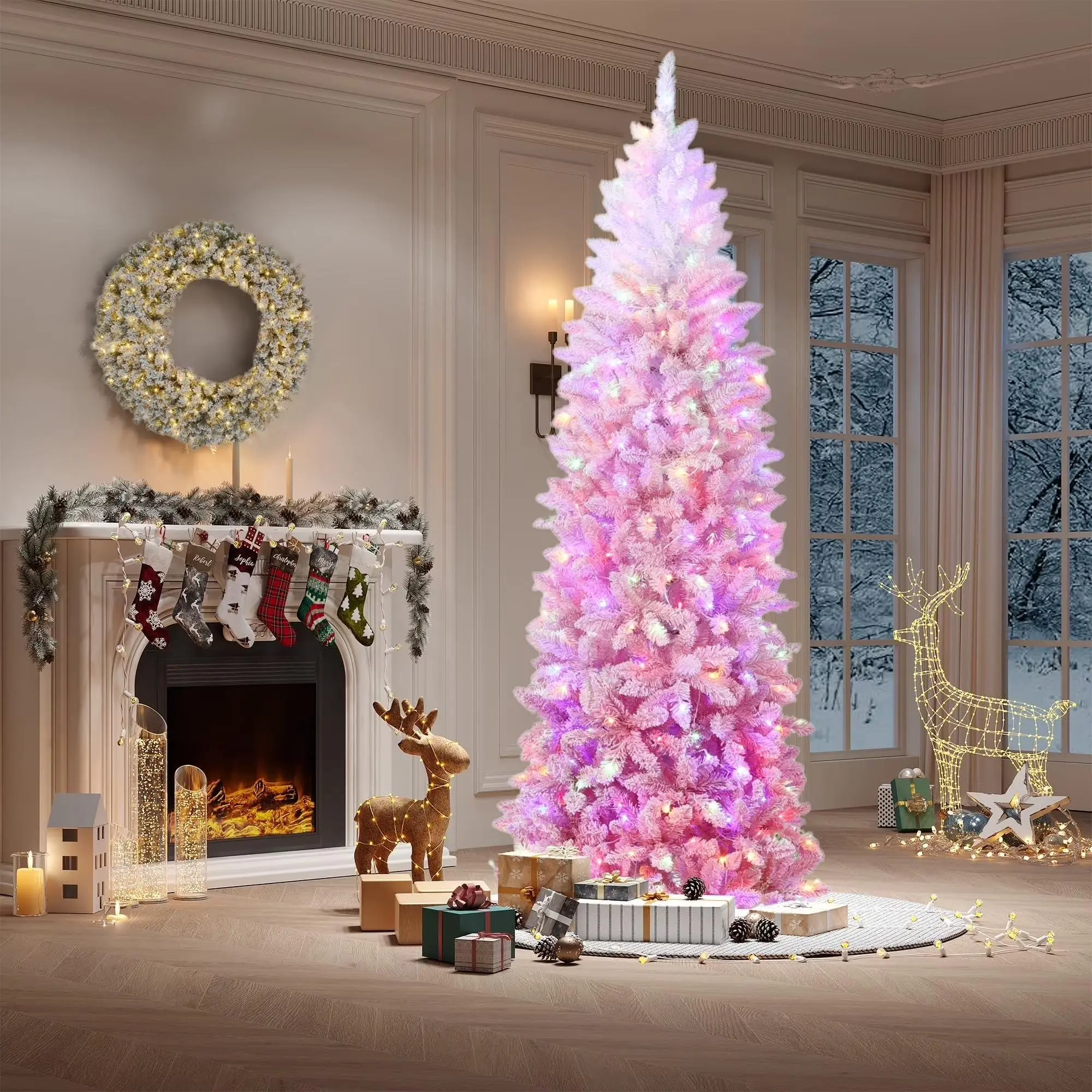 GAOMON 7.5ft Snow Flocked Pencil Christmas Tree with Pink Gradient, Slim Artificial Xmas Tree on Sturdy Metal Stand, Skinny Holiday Decor for Home & Office
