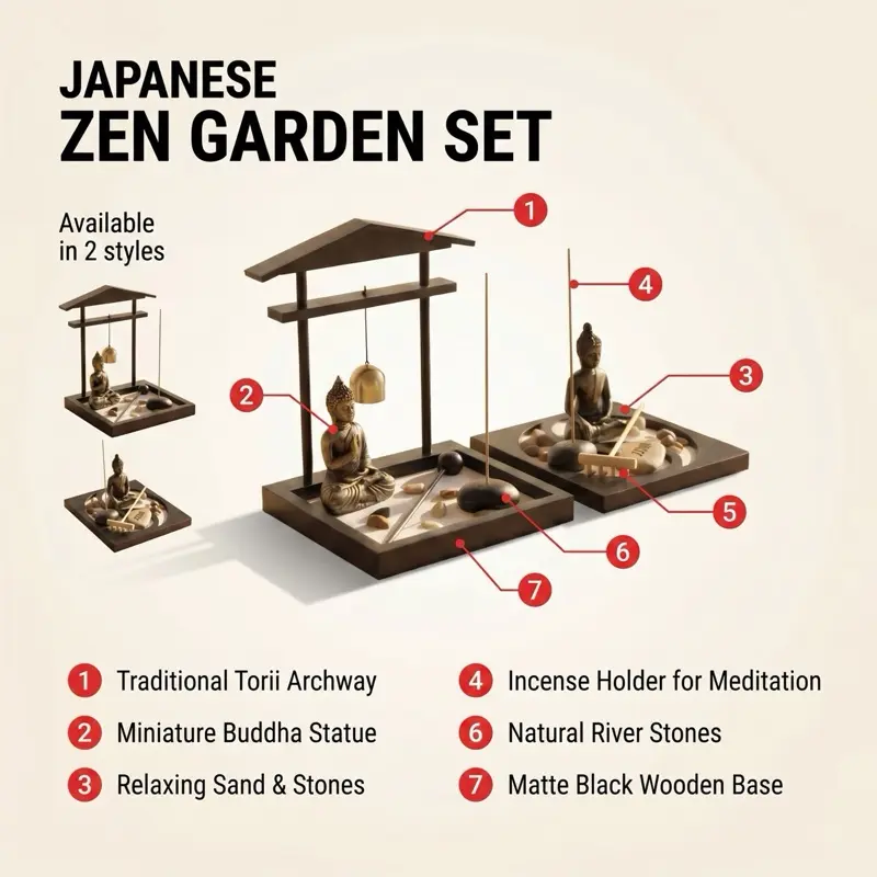 Japanese Zen Garden Kit - 2 Styles with Archway/Torii & Yin-Yang, Fengshui Home Office Tabletop Decor, Calming Soothing Properties, Enhances Spiritual Growth, Promotes Compassion, Aids Inner Peace Relaxation Meditation