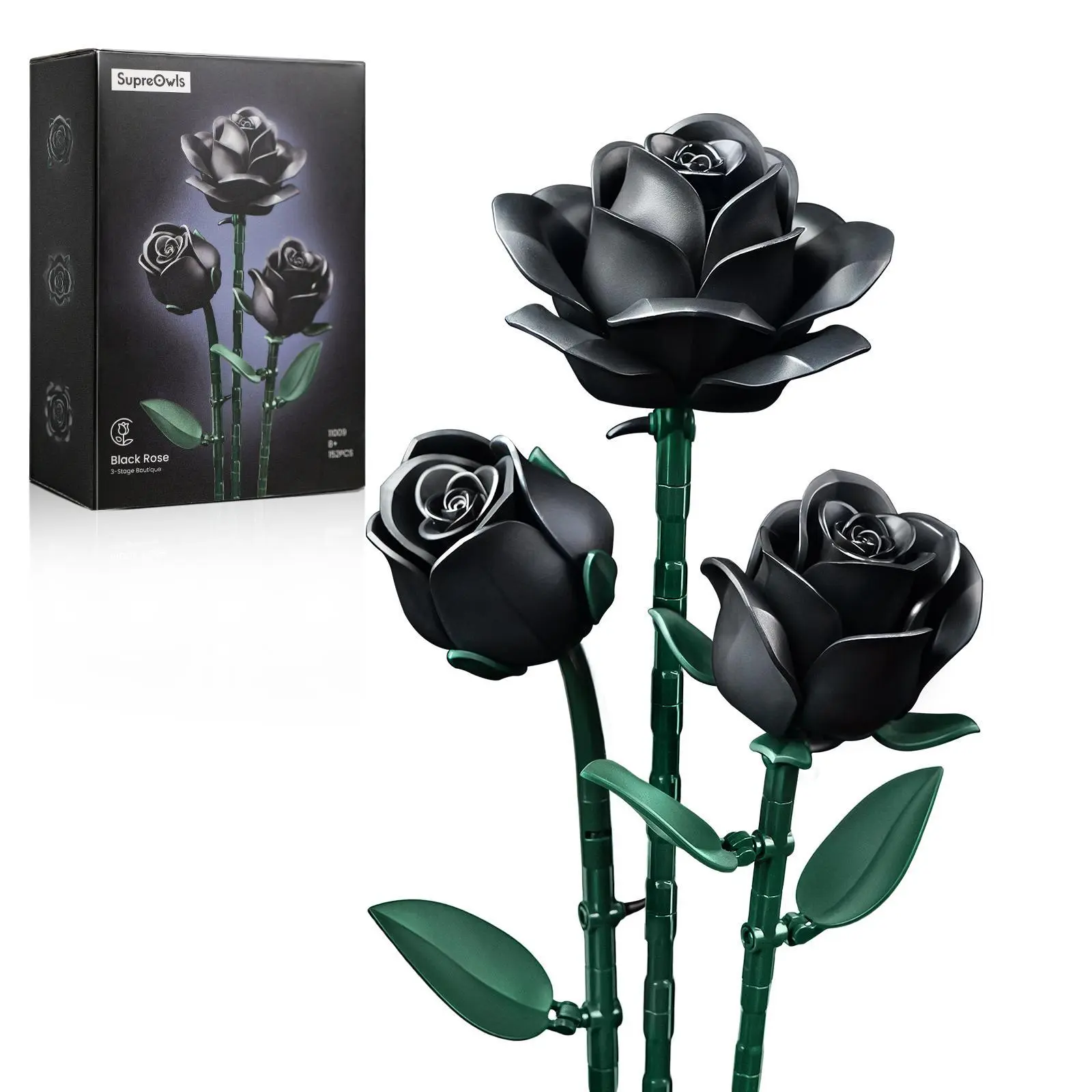 Supreowls Three-branched Rose Building Set – Gothic Eternal Flower Bouquet Blocks Kit for Adults, Dark Romantic DIY Decor for Home, Halloween or Valentine’s Day & Christmas Gift