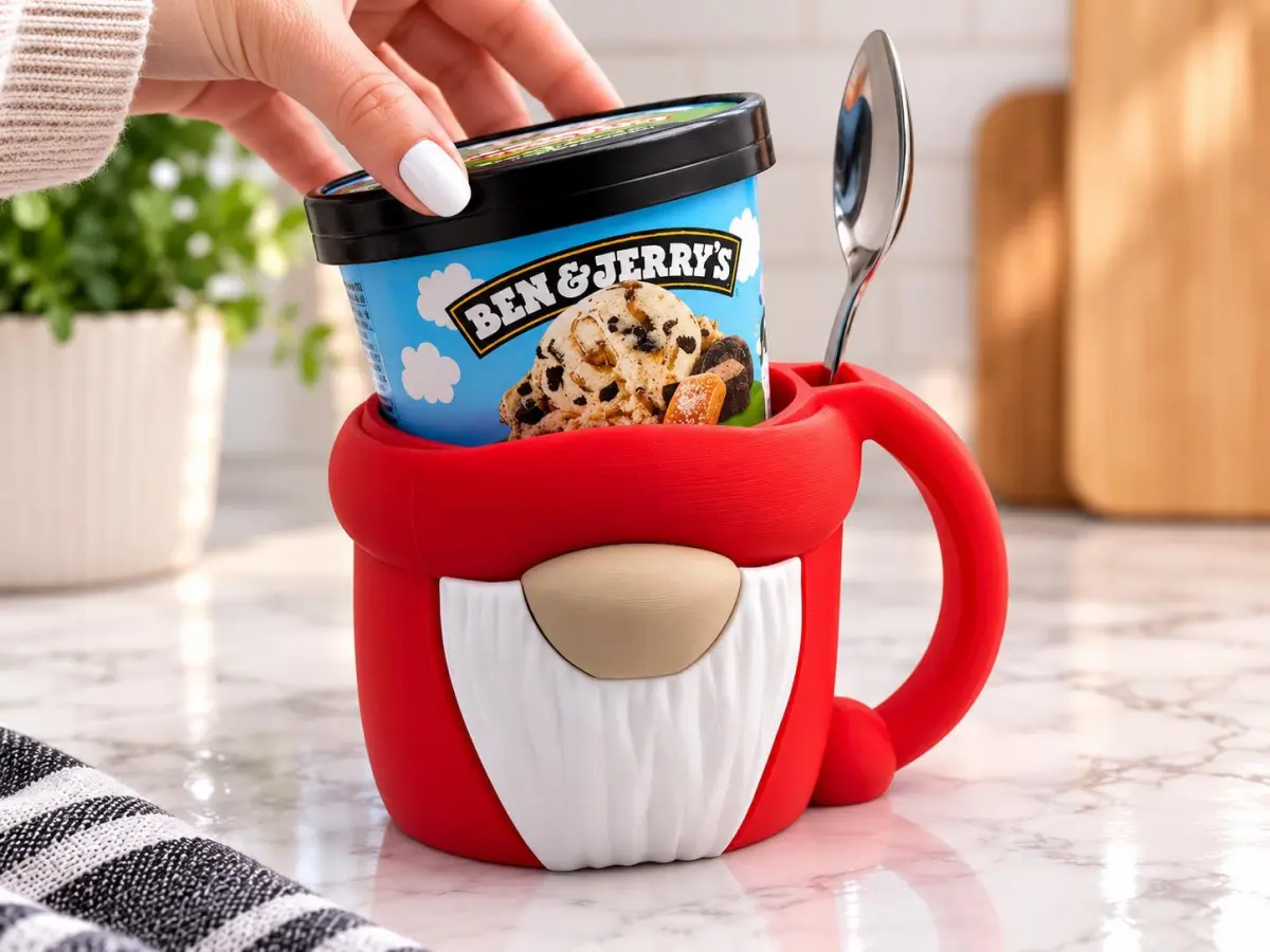 Gonk Ice Cream Pint Holder 3D Printed - Ben & Jerry's Pint Cooler - Christmas Gnome Ice Cream Cozy with Handle