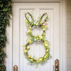 [Timer] Easter Bunny Wreath for Front Door, Lighted Easter Wreaths with 30 LED Warm Lights, Foldable Bunny Wreaths, Pre-Lit Easter Egg Wreath for Spring Decor