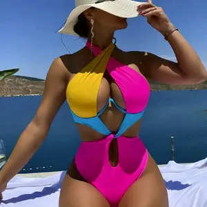 Colorblock Cut Out Tie Back Underwire One Piece Swimsuit