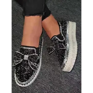 Women's Rhinestone Bow Decorated Slip on Loafers, Round Toe Trending Shoes, Fashionable Glitter Decorated Platform Shoes, Elegant Casual Comfortable Shoes for Daily Wear