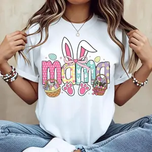 Easter Bunny Mama TShirt Featuring White Bunny Ears Basket and Paw Prints Ideal for Spring Celebration