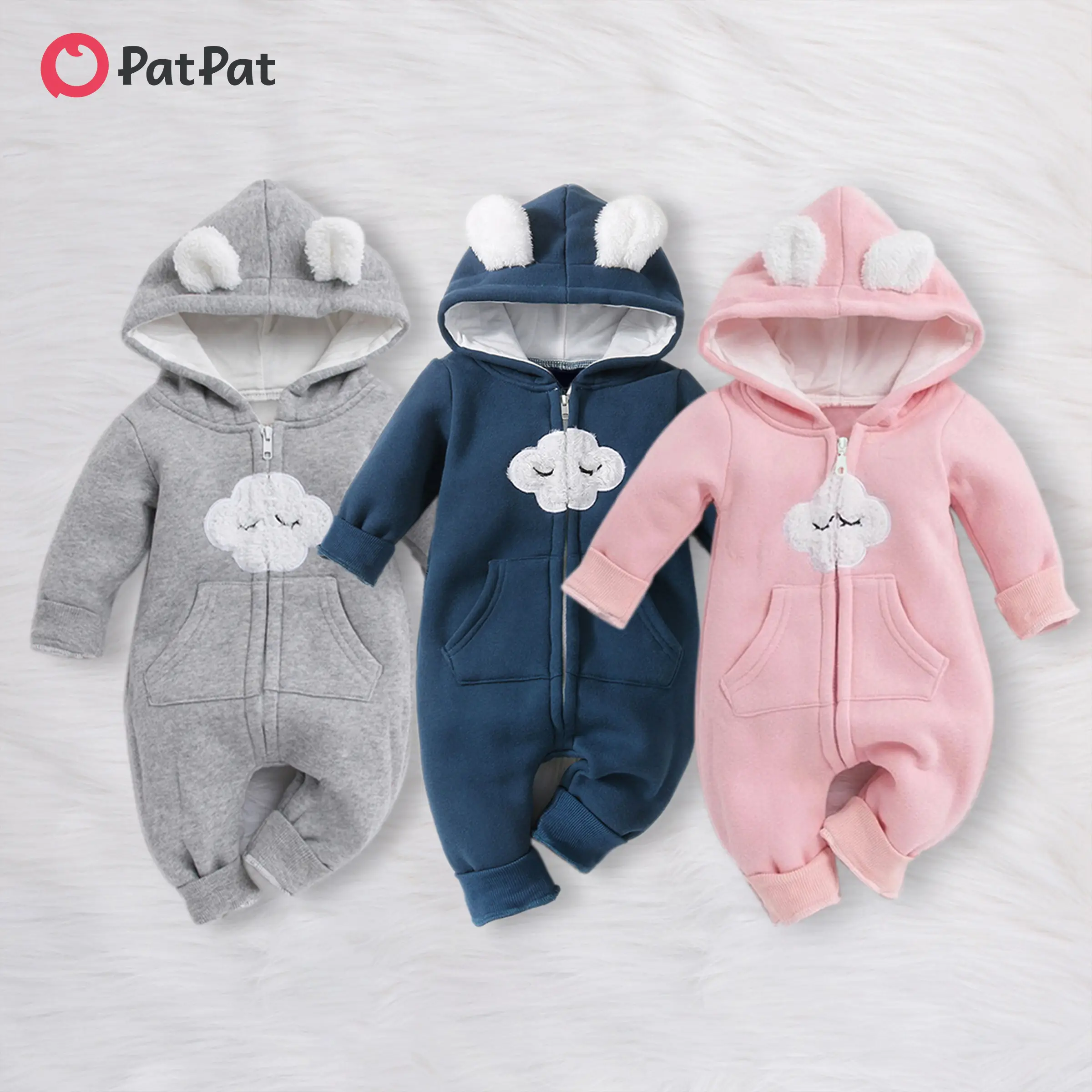 PatPat Baby Boy/Girl Bear Style 3D Ears Hooded Jumpsuit with Childlike Embroidery Cloud Design: Hyper-tactile, Soft & Cute, Multi-Color, Comfortable &