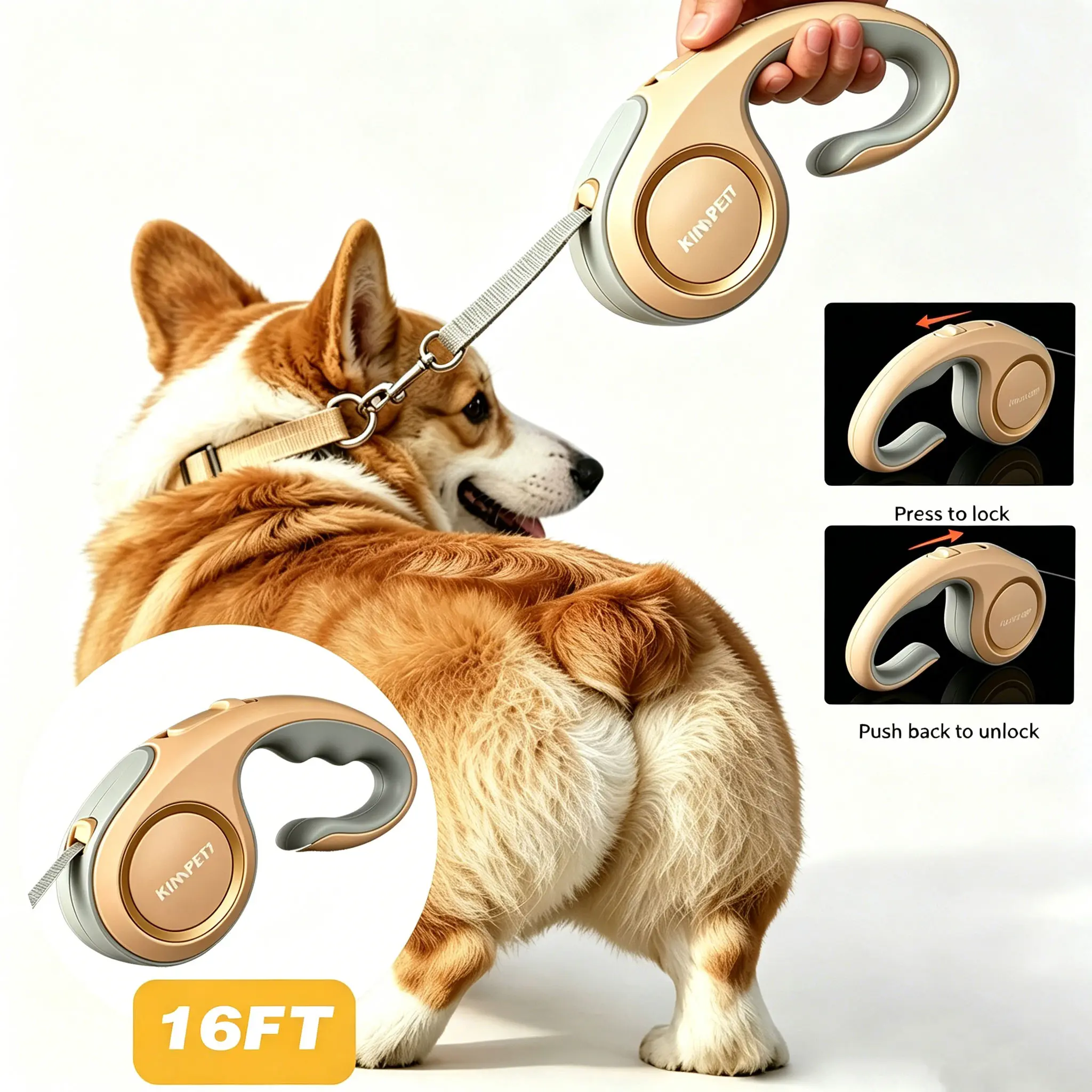 Automatic Retractable Dog Leash - 16FT Heavy-Duty No-Tangle Leads & Harnesses, 1-Button Lock, Ergonomic Soft Grip Handle, Rustproof Alloy Hook, Lightweight ABS Steel/ABS Compact Design, Portable for Small/Medium Dogs, Night Walk Tracking, Anti-Jam U-Shape