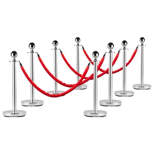 Stainless Steel Stanchion Post Queue,5 ft Red Velvet Rope Red Carpet Ropes and Poles Crowd Control Barriers,Sand Injection Hollow Base and Velvet Ropes Set for Party Supplies,8 PCS