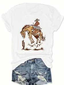 Women's Western Lettering T-Shirt - Short Sleeve Round Neck Summer Top with - Alphabet Print (Suitable for Names/Initials) - Casual Blouse for Casual Attire & Themed Events