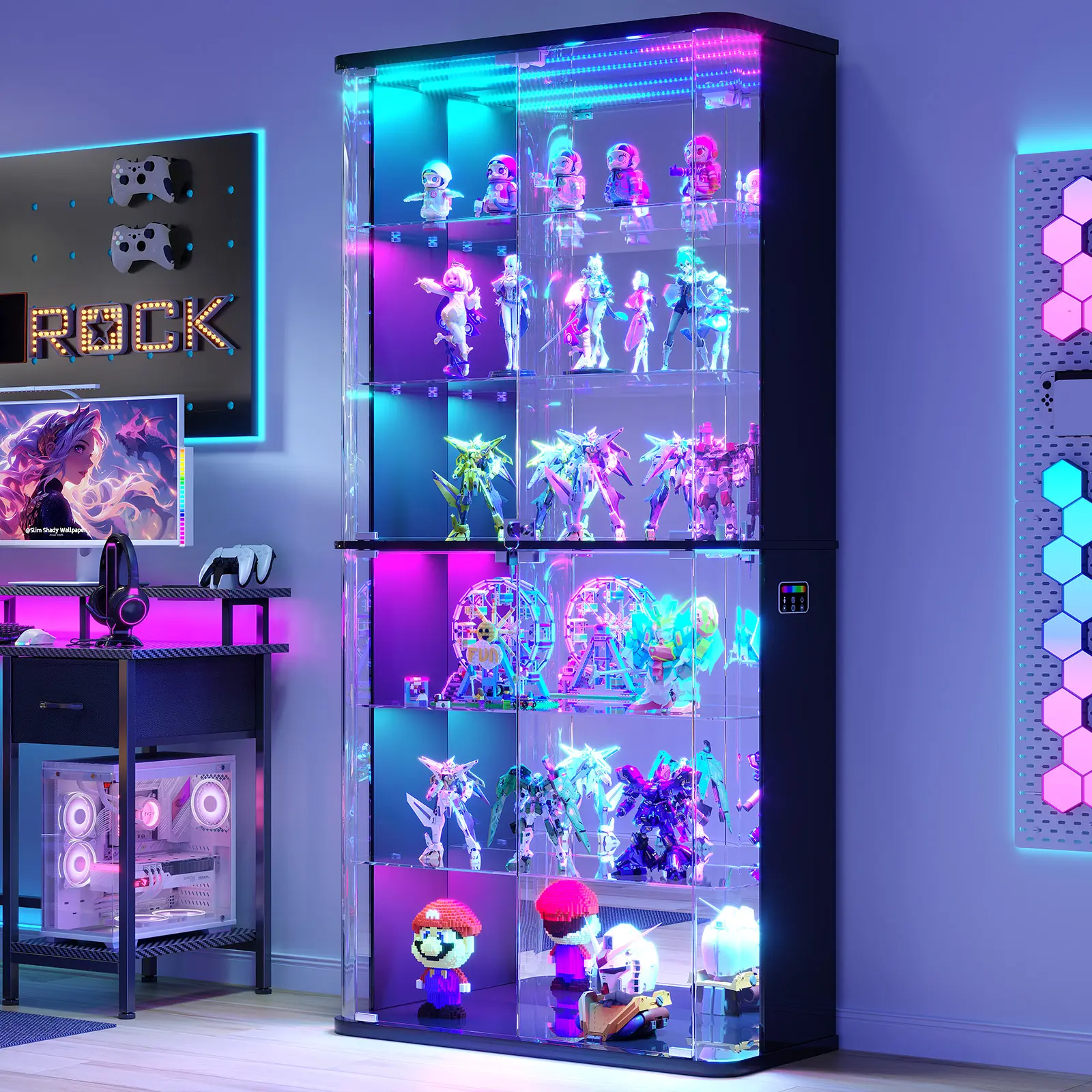 71"  Tall Display Cabinet with Glass Doors, Rounded Curio Cabinet with Motion Sensor RGB Lights, 6-Tier Lockable Display Case for Collectibles & Action Figures, Trophy Case for Living Room