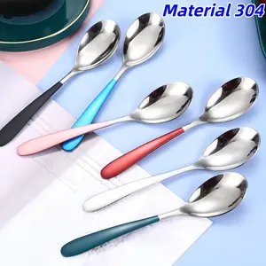 6pCS 304 Stainless Steel Spoons, Colorful Handle Coffee and Dessert Spoons, Non-Slip Kitchen Utensils, Suitable for Soup/Salad/Ice Cream, Available in Large/Small Sizes