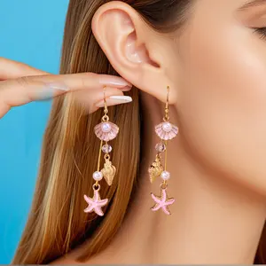 Pink Starfish Dangle Earrings Gold Shell Pearl Mermaidcore Aesthetic Drop Earrings Summer Beach Festival Cruise Vacation Mermaid Jewelry Gift,summerwins