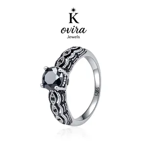 Kovira S925 Sterling Silver Vintage Filigree Rings for Women - Black Obsidian, 5A Clear, Blue, Red Zircon, Elegant Fashion Ring for Female Adults, Energy Guard Soul Protector, Everyday Gift