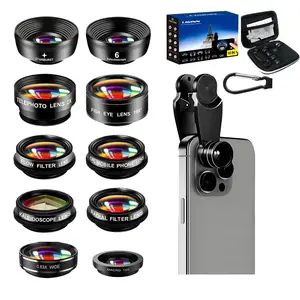 Phone Camera Lens-Macro Lens+Wide Lens+Fisheye Lens+Telephoto Lens+CPL/Flow/Radial/Star Filter+Kaleidoscope 3/6 Lens 10 in 1 Lens Kit, compatible with iPhone, Samsung, Android and most smartphones, Clip