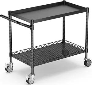 2 Tier Utility Tool Cart with Wheels, Heavy Duty Rolling Utility Carts with Handle, Commercial Grade Metal Serving Storage Cart for Warehouse Garage Kitchen, 25" D x 38.98" W x 40" H-Black