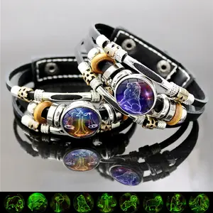 Glow in the Dark Zodiac Leather Bracelet, 12 Signs Astrology Horoscope Bracelet for Men Women, Birthday Gift Jewelry (6.9in/8.1in)