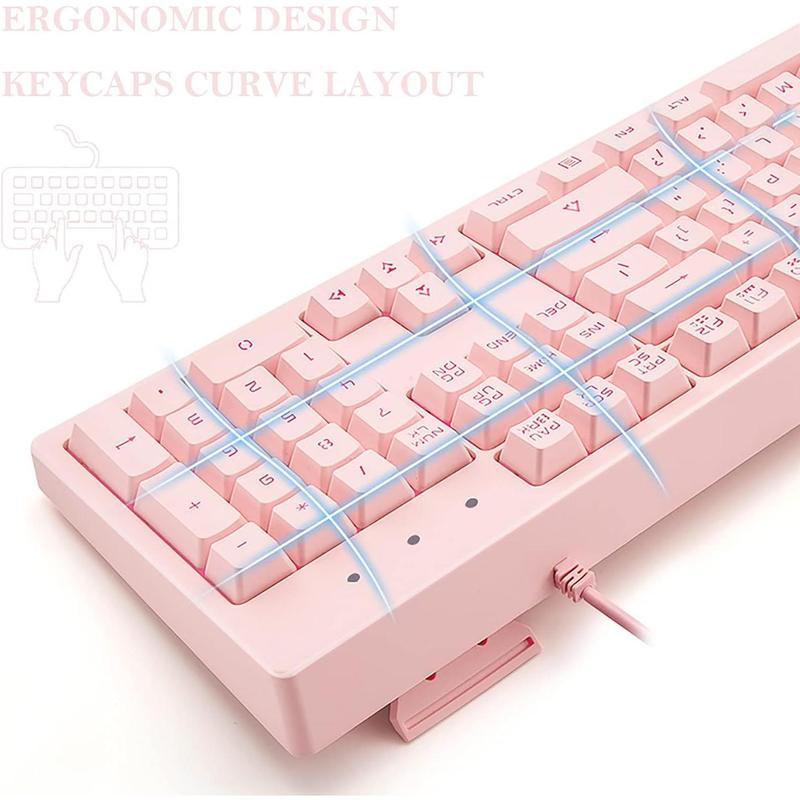 Pink Keyboard with 7-Color LED Backlit, 104  Quiet Silent Light Up Keyboards, 19-Key Anti-Ghosting  Gaming Keyboard Mechanical Feeling  Wired USB for Computer, , Laptop
