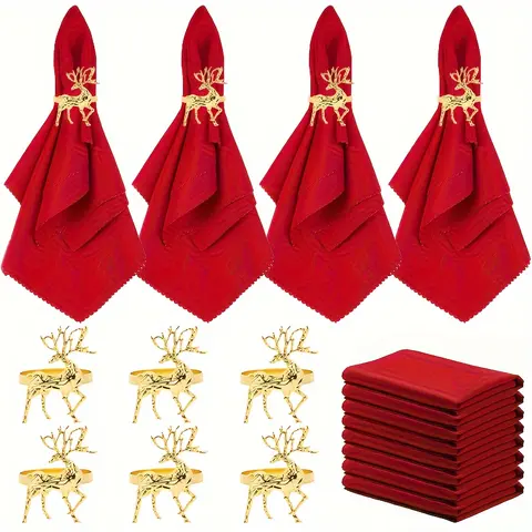 12 golden reindeer Christmas Holiday napkins and ring sets-including 6 cloth napkins and 6 napkin rings.