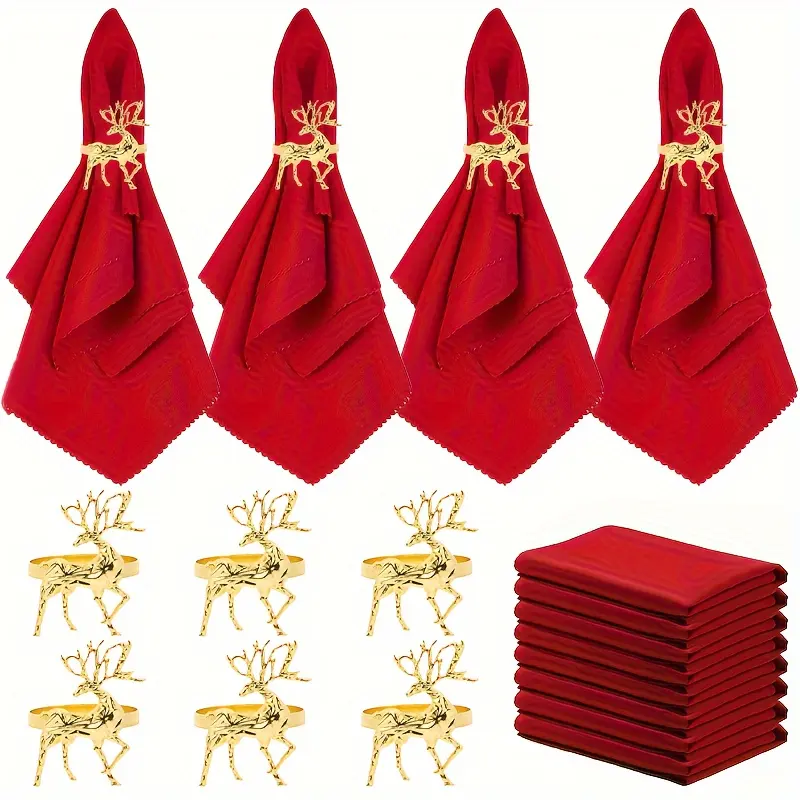 12 golden reindeer Christmas Holiday napkins and ring sets-including 6 cloth napkins and 6 napkin rings. 12 golden reindeer Christmas Holiday napkins and ring sets-including 6 cloth napkins and 6 napkin rings.