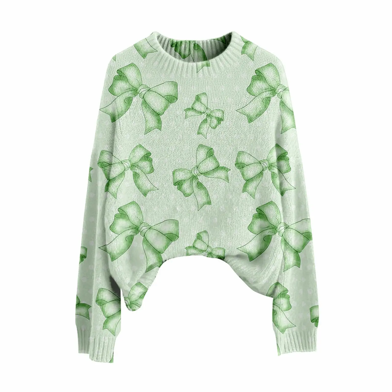 St. Patrick's Day Green Bow Print Knit Sweater - Asymmetrical Hem Pullover for Irish Party & Holiday Wear