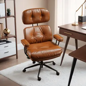ALTRIGUS Mid-Century Modern Leather Chair with Lumbar Support, Ergonomic Office Chair with Adjustable High Back, Swivel Rolling Executive Chair with Comfy Thick Cushion