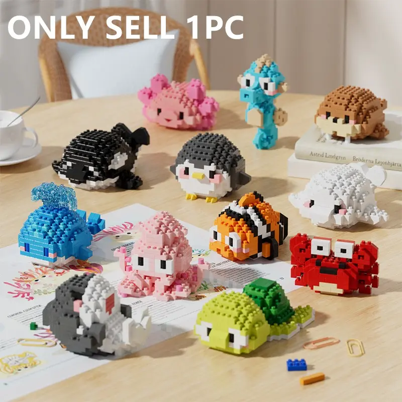 Realistic Ocean Animal Creative Building Block Sets, Sea Turtle Whale Dolphin Seahorse Blue Whale Crab Penguin Octopus Shark Clownfish Orca DIY Toy Model Kit