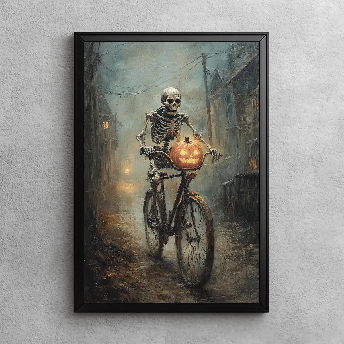 Skeleton on Bike Wall Art – Spooky Halloween & Gothic Skeleton Poster for Dark Academia Room Decor, Unframed