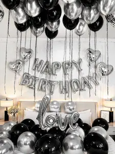 43PCS Black & Silver Happy Birthday Balloon Decorations, 16" Letter Foil Balloons, Silver Heart Foil & Black Latex Balloons for Birthday Party Backdrop Decor
