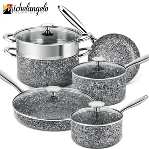 MICHELANGELO Stone Cookware Set 10 Piece, pots pans set, Ultra Nonstick Pots and Pans Set with Stone-Derived Coating for Kitchen, Granite - 10 Piece