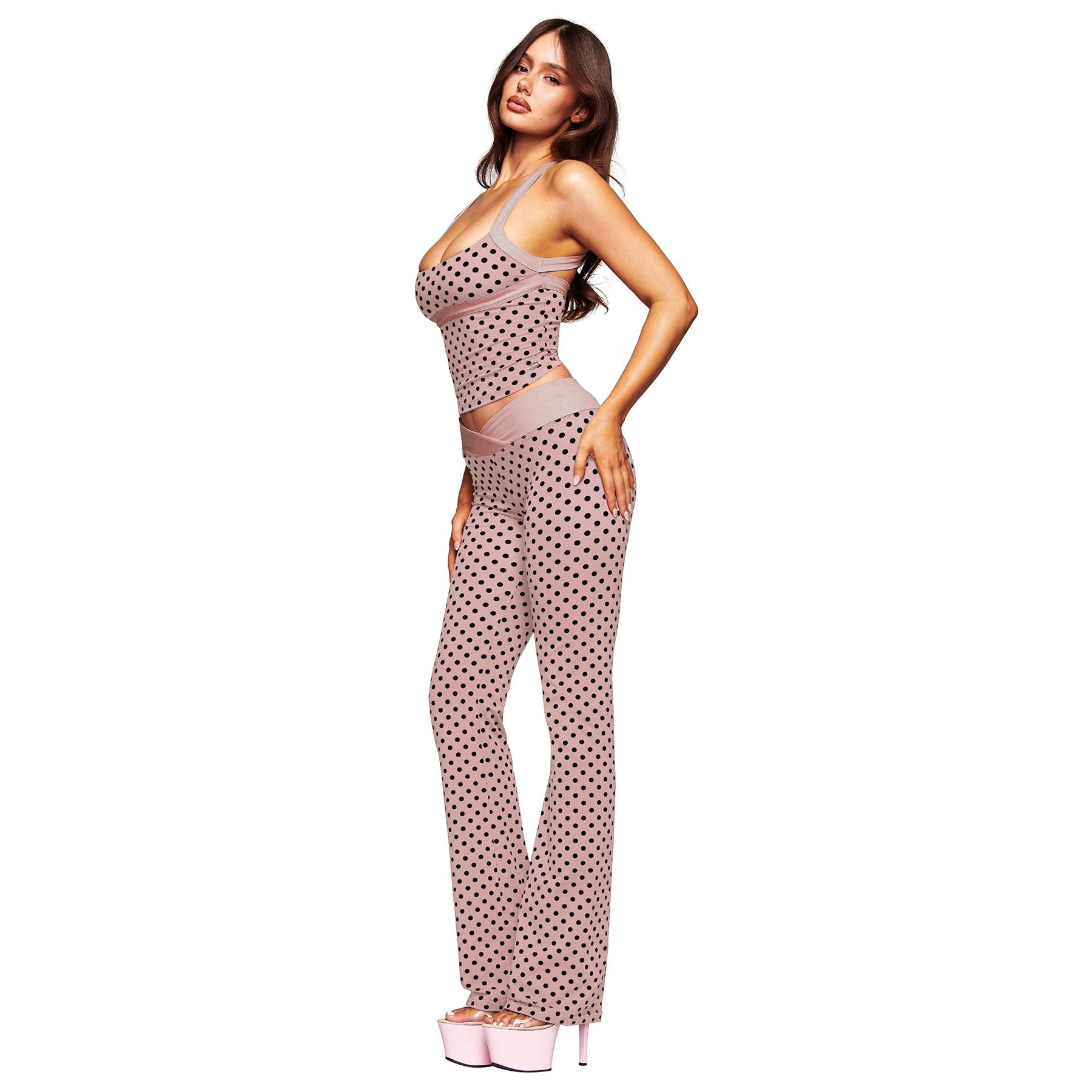 NVWA Matching Sets Women Polka Dot Halter Crop Top and Flare Pants 2 Piece Outfits Backless Criss Cross Bodycon Slim Fit Going Out Set High Waist Bell Bottom Trousers Y2K Party Club Wear Casual Outfit tiktokshopbacktoschool, Spandex, Lady