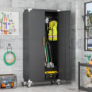 71.2" Metal Cleaning Cabinet with Wheels, Broom Closet Garage Storage Cabinet with Hooks & Hanging Rods, Tall Lockable Freestanding Utility Cabinet for Home Office