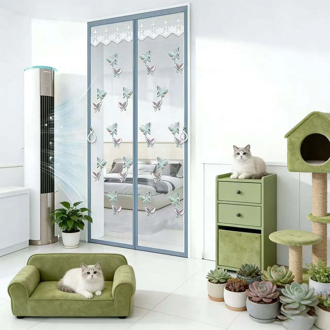 Magnetic Mosquito Net Door, Colorful Butterfly Embroidery, Lace Trim, Storage Clip & Velcro, Space-Saving, Home Decor, Balcony, Entry Door, Magnetic Screen Door