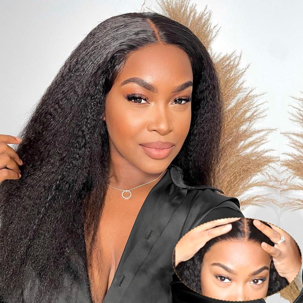 YAWAWE Hair 26 Inch Wear and Go Glueless Wig Kinky Straight Lace Pre Cut 7x5 Lace Front Wigs Human Hair for Women Glueless Wig with Elastic Band Natural Hairline 180% Density Yaki Hair Natural Black