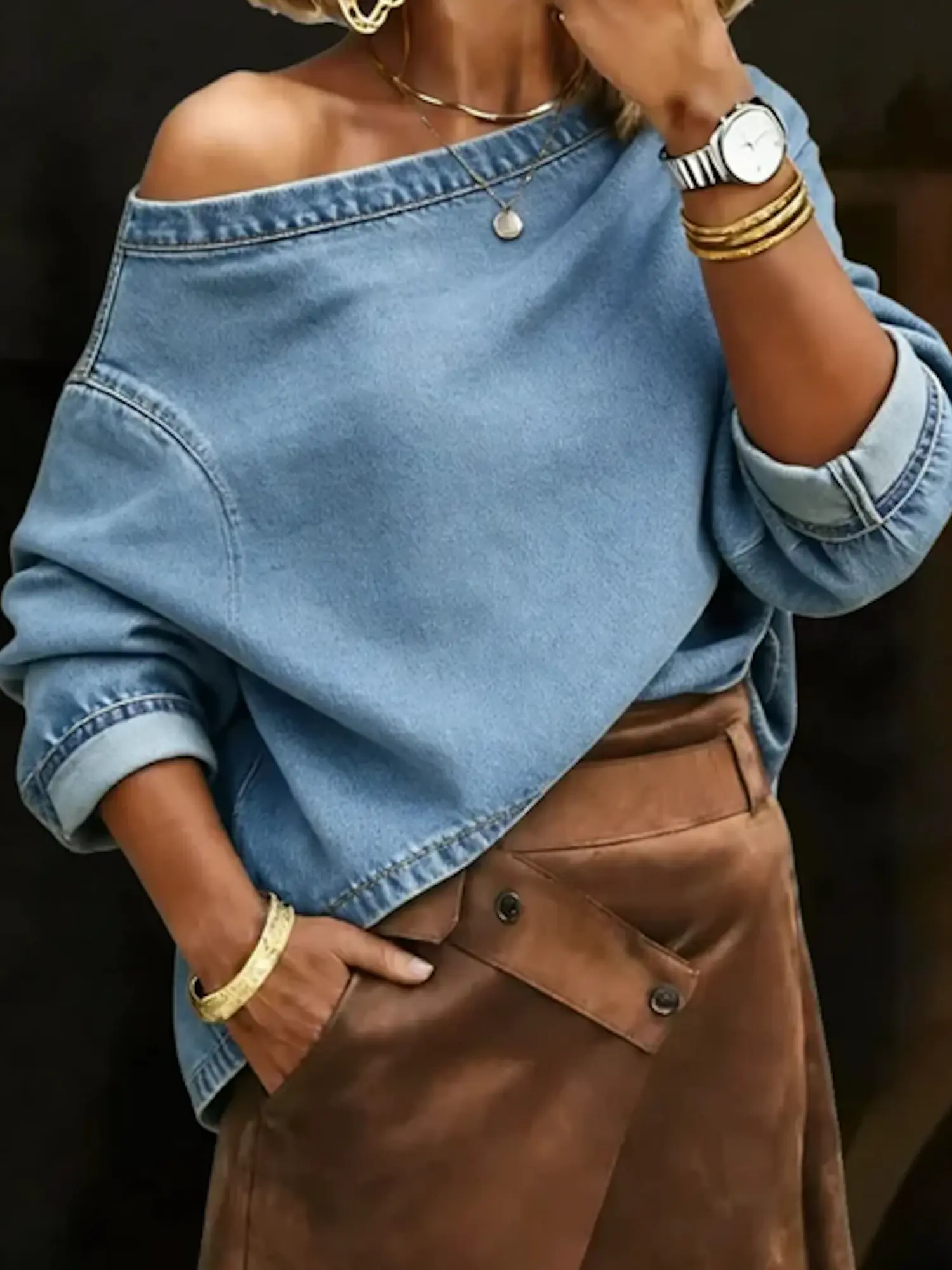 Casual Plain Denim Top Asymmetrical Loose Long Sleeve Pullover