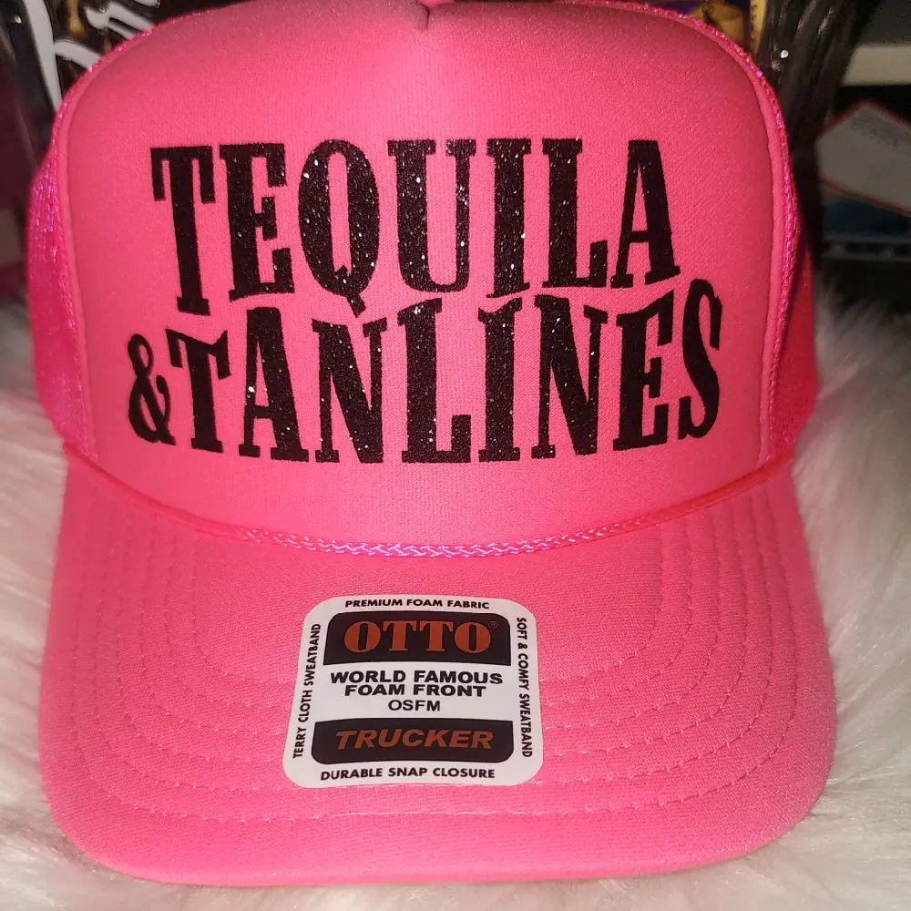 Otto Brand TEQUILA & TANLINES TRUCKER HAT with Black Glitter Writing Fashion Accessory Pink Foam Front Snap Closure
