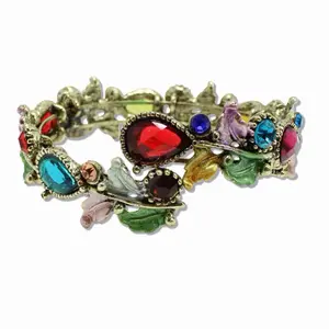 Antique Gold Tone Vintage Inspired Crystal Floral Stretch Open Bangles Bracelet with Colorful Gemstones