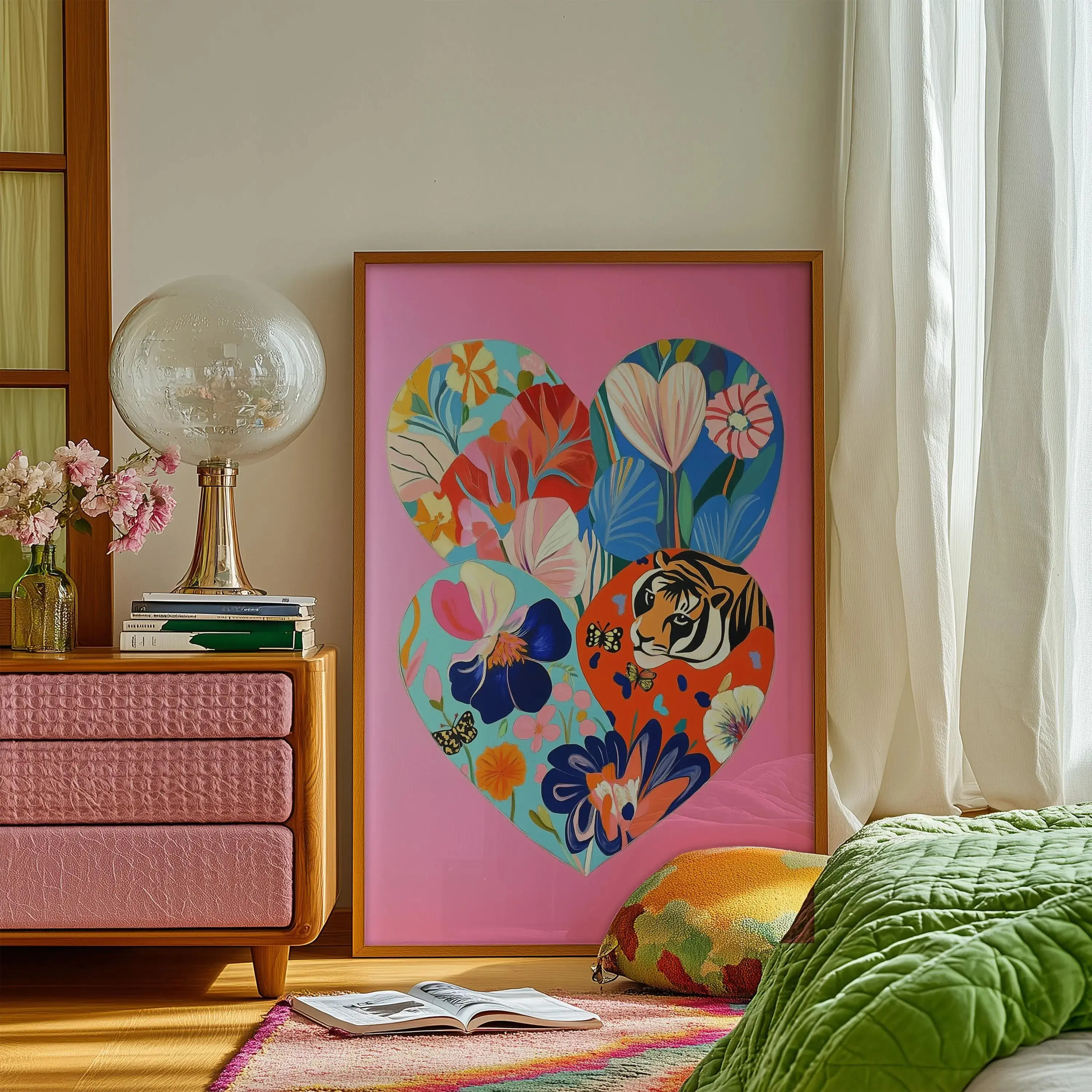 Floral Heart Poster Unframed  Tiger, Butterfly, Girly Eclectic Decor