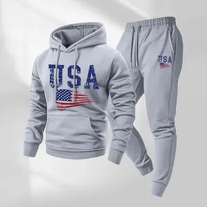 Men's Retro USA Flag Patterned Hoodie And Drawstring Track Pants Set, Men's Casual Athletic Long-Sleeved Hooded Jacket And Pants, Suitable For Fall And Winter, Street Style Hoodie Set, Everyday Wear, Indoor And Outdoor Sportswear