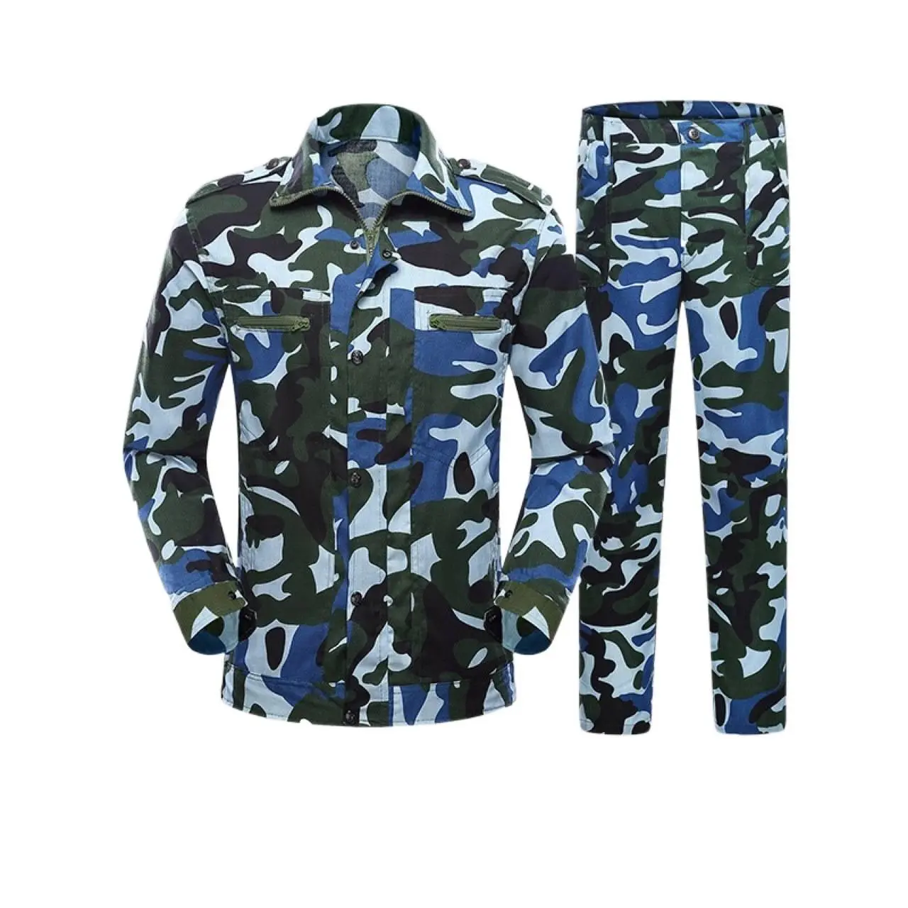 Men's Aesthetic Tactical Outfit, Breathable Camouflage Rip-Stop Shirt and Pants Set with Utility Pockets for Outdoor Training & Airsoft, Outfits, Menswear, Students, Hook And Loop, Adjustable Fit, Battle-Worn Look, Camouflage Print, Uniform, Long Sleeve,,